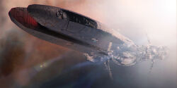  3d advanced_ship_(eve_online) angel_cartel_(eve_online) autodesk_3ds_max_(medium) battlecruiser_(eve_online) brown_theme commentary concept_art english_commentary eve_online highres lens_flare military_vehicle minmatar_republic_(eve_online) optical_camouflage original outdoors photoshop_(medium) pirate_faction_(eve_online) realistic science_fiction space spacecraft tech_2_ship_(eve_online) vehicle_focus 