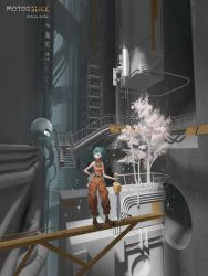  1girl 3d_background absurdres airfish_(lefko_d) alley ankle_boots aqua_eyes aqua_hair architecture artist_name bare_arms blue_outline boots brown_boots catwalk_(walkway) chainsword cherry_blossoms cherry_tree commentary concrete copyright_logo copyright_name english_commentary face_in_shadow film_grain full_body hand_on_own_hip head-mounted_display high_up highres industrial industrial_pipe jumpsuit logo looking_at_another megastructure midair mixed_media motorslice multiple_moles orange_jumpsuit orb orbie outline p_(motorslice) railing robot sleeveless_jumpsuit standing steel_beam turning_head turtleneck_jumpsuit vertical-striped_jumpsuit wide_shot 