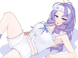  1girl absurdres ahoge breasts highres hololive hololive_indonesia large_breasts long_hair lying mah0p moona_hoshinova moona_hoshinova_(pajamas) navel_peek on_back purple_hair purple_nails sleep_mask sleepwear violet_eyes virtual_youtuber white_background 