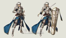  1boy armor artist_logo belt_pouch black_gloves blue_eyes blue_tabard blush bob_cut breastplate brown_background closed_mouth commentary_request commission couter cuirass dark-skinned_male dark_elf dark_skin double-parted_bangs elf faulds full_body gloves gorget greaves hair_between_eyes holding holding_shield holding_sword holding_weapon kashia knight logo looking_at_viewer male_focus multiple_expressions open_mouth original pauldrons planted_shield plate_armor pointy_ears poleyn pouch rerebrace sabaton shield short_hair shoulder_armor simple_background solo standing surprised sweatdrop sword tabard tassets tsurime twitter_username vambraces variations watermark weapon white_hair 