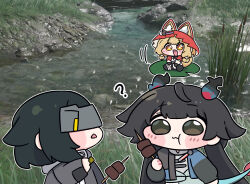  3girls :d :t ? animal_ears arknights arknights:_endfield beleullin black_coat black_hair blindfold_mask blonde_hair blush_stickers brown_eyes cape chen_qianyu_(arknights) chibi chibi_only coat commentary dragon_girl dragon_horns eating endministrator_(arknights) fang female_endministrator_(arknights) food game_screenshot_background grey_mask highres holding holding_food holding_skewer hood hood_up hooded_cape horns lily_pad long_hair long_sleeves looking_at_another mask multiple_girls outdoors red_cape river rossi_(arknights) screenshot_background sitting skewer skin_fang smile twintails wolf_ears wolf_girl 