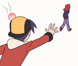  2boys backwards_hat black_hair black_hat chueog cowlick ethan_(pokemon) hat head_bump jacket long_hair long_sleeves male_focus multiple_boys outstretched_hand pants pokemon pokemon_heartgold_and_soulsilver red_hair red_jacket shoes silver_(pokemon) simple_background white_background 