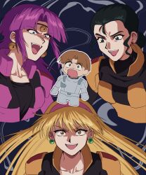  bell bell_earrings black_eyes black_hair blonde_hair blue_eyes bodysuit brown_eyes brown_hair chibi circlet commentary_request crazy_eyes cropped_torso curtained_hair earrings fuala_griffon gundam hair_bun hairband highres jewelry jingle_bell katejina_loos lipstick long_hair looking_at_another lupe_cineau makeup mecha_pilot_suit normal_suit_(gundam) orange_bodysuit pink_bodysuit pink_hairband red_lips short_hair shoulder_pads stud_earrings tsubakiohana02 uso_ewin victory_gundam white_bodysuit wide-eyed 