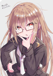  1girl absurdres artist_name black_hair black_sailor_collar black_serafuku blush brown_eyes brown_hair crescent crescent_pin glasses hair_ornament highres hizaka kantai_collection long_hair long_sleeves looking_at_viewer mochizuki_(kancolle) necktie one-hour_drawing_challenge open_mouth red-framed_eyewear sailor_collar school_uniform semi-rimless_eyewear serafuku signature skirt smile solo twitter_username under-rim_eyewear upper_body white_background white_necktie 