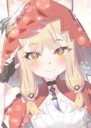  1girl absurdres animal_ear_fluff animal_ears arknights arknights:_endfield black_gloves blonde_hair blush cape closed_mouth commentary diamond-shaped_pupils diamond_(shape) dress ears_through_headwear fingerless_gloves gloves gundam68 highres hood hood_up hooded_cape jewelry looking_at_viewer low-tied_sidelocks necklace red_cape rossi_(arknights) sidelocks smile solo symbol-shaped_pupils tooth_necklace upper_body white_dress wolf_ears wolf_girl yellow_eyes 
