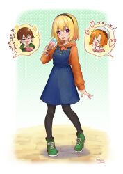  absurdres black_hairband black_thighhighs blonde_hair commentary food green_shoes hairband highres higurashi_no_naku_koro_ni higurashi_no_naku_koro_ni_gou holding holding_food holding_ice_cream holding_ice_cream_cone houjou_satoko ice_cream ice_cream_cone looking_at_viewer maebara_keiichi orange_sweater ryuuguu_rena shoes signature sweater tarako_jun thigh-highs tongue tongue_out violet_eyes 