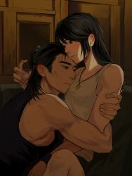  1boy 1girl aranace black_eyes black_hair black_tank_top blush chinese_commentary coin commentary_request door dual_persona ear_blush female_protagonist_(sifu) gold_coin hair_bobbles hair_down hair_ornament head_on_chest highres holding_another's_arm hug indoors jewelry long_hair looking_at_another male_protagonist_(sifu) medium_hair parted_lips pendant selfcest sidelocks sifu_(game) sitting tank_top white_tank_top wooden_wall wristband 