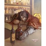  1boy alcohol bottle brown_gloves brown_hair cassidy_(overwatch) closed_mouth cowboy_hat cup english_text et.m facial_hair gloves hat highres holding holding_bottle male_focus mechanical_arms overwatch overwatch_1 poncho red_poncho short_hair sideburns single_glove single_mechanical_arm sleeping sleeping_upright solo 