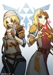  2girls bandages blonde_hair blue_eyes blush bracer braid breasts circlet commentary_request dress dual_persona earrings forehead_jewel gloves hat highres jewelry kuno_(runkunochan) long_hair looking_at_viewer mask multiple_girls pointy_ears ponytail princess_zelda red_eyes sheik short_hair simple_background smile super_smash_bros. surcoat the_legend_of_zelda the_legend_of_zelda:_a_link_between_worlds the_legend_of_zelda:_ocarina_of_time tiara triforce tunic turban 