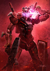  absurdres asymmetrical_dual_wielding beam_rifle dual_wielding embers energy_gun energy_sword feet_out_of_frame glowing glowing_eyes gun gundam gundam_gquuuuuux highres holding holding_gun holding_sword holding_weapon looking_at_viewer mecha mecha_focus mobile_suit no_humans red_gundam red_theme robot science_fiction sheath shield signature sparks standing sword taka-f unsheathing v-fin violet_eyes weapon zeon 