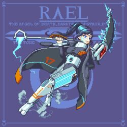  1girl armor blue_eyes breasts commentary english_commentary full_body holding long_hair machine mecha_musume mechanical_legs original personification pixel_art simple_background solo soncak weapon 