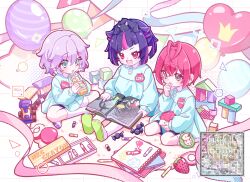 3boys :o aged_down animal_on_head apple bat_(animal) blue_eyes blue_shirt blue_shorts blush candy commentary_request crayon crossed_legs drink epel_felmier fangs food fruit full_body grey_eyes grid_background hedgehog highres holding holding_drink indian_style kindergarten_uniform kumomo_36 lilia_vanrouge looking_down male_focus multicolored_hair multiple_boys on_head open_mouth pink_hair pink_ribbon pointy_ears purple_hair reading red_eyes ribbon riddle_rosehearts shirt shorts simple_background sitting sketchbook slit_pupils smile socks strawberry streaked_hair string_of_flags toy_block toy_train twisted_wonderland watermark white_background white_socks wrapped_candy 