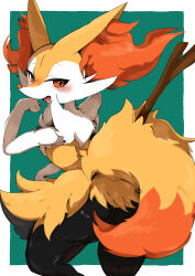  1girl absurdres animal_ear_fluff animal_ears animal_nose black_fur blush body_fur braixen commentary_request cowboy_shot flat_chest fox_ears fox_girl fox_tail furry furry_female highres iz0n448 looking_at_viewer multicolored_fur open_mouth pokemon pokemon_(creature) red_eyes smile solo tail white_fur yellow_fur 