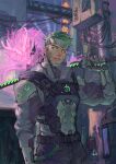  1boy absurdres armor belt black_belt black_jacket black_pants chest_armor dragon forehead_protector genji_(overwatch) green_eyes green_hair highres holding holding_sword holding_weapon jacket male_focus night outdoors overwatch overwatch_1 pants shadowyahaha short_hair shoulder_armor solo sword teeth weapon 