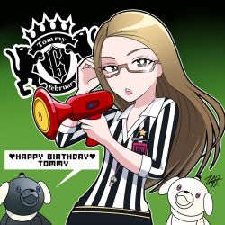  1girl aibo_(sony) animification birthday blonde_hair bright_pupils character_name commentary_request ezaki_bisuko glasses gradient_hair grey_eyes happy_birthday holding holding_megaphone latte_(aibo) long_hair long_sleeves looking_at_viewer macaron_(aibo) megaphone multicolored_hair non-humanoid_robot pink-framed_eyewear pink_lips piroppo real_life referee robot robot_animal robot_dog shirt solo striped_clothes striped_shirt tommy_february6 vertical-striped_clothes vertical-striped_shirt whistle whistle_around_neck white_pupils 