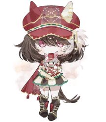  1girl animal_ears black_boots black_socks blush boots breasts brown_hair cape chibi closed_mouth commentary_request ear_covers ears_through_headwear hair_between_eyes hand_puppet hat highres horse_ears horse_girl jacket long_sleeves looking_at_viewer marche_lorraine_(racing)_(umamusume) marche_lorraine_(umamusume) mismatched_ear_covers puppet red_cape short_hair skirt socks solo thigh_strap tree_est umamusume violet_eyes white_jacket 