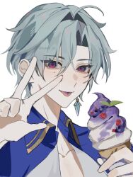  1boy ahoge black_gloves blue_shirt coat collarbone collared_shirt earrings food genshin_impact gloves green_hair hair_between_eyes highres holding holding_food holding_ice_cream ice_cream ice_cream_cone jewelry lohen_(genshin_impact) long_sleeves looking_at_viewer male_focus mole mole_under_eye multicolored_eyes open_clothes shirt short_hair single_earring solo tok81_02 tongue tongue_out twitter_username upper_body v white_background 