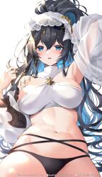  1girl arm_behind_head armpits arms_up bandeau black_hair blue_eyes blue_hair breasts commentary_request detached_sleeves granblue_fantasy head_ornament highres long_hair looking_at_viewer medium_breasts multicolored_hair navel open_mouth see-through_clothes simple_background solo swimsuit tefnut_(granblue_fantasy) tefnut_(summer)_(granblue_fantasy) veil very_long_hair watermark white_background white_bandeau white_veil yuntae 