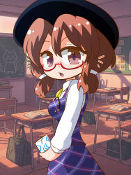  1girl :o backpack bag black_hat board_eraser book box brown_eyes brown_hair buttons chair chalkboard classroom commentary_request day deformed desk from_side glasses hair_between_eyes hat highres holding holding_book holding_box indoors kajiya_no_masa long_sleeves looking_at_viewer looking_to_the_side low_twintails medium_hair neckerchief no_nose notice_lines one-hour_drawing_challenge open_book open_mouth plaid_clothes plaid_skirt plaid_vest purple_skirt purple_vest red-framed_eyewear school_chair school_desk school_uniform semi-rimless_eyewear shirt skirt skirt_set solo standing tile_floor tiles touhou turning_head twintails under-rim_eyewear usami_sumireko vest white_shirt yellow_neckerchief 