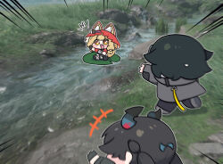  3girls :d animal_ears arknights arknights:_endfield beleullin black_coat black_hair blonde_hair blush_stickers cape chen_qianyu_(arknights) chibi chibi_only coat commentary dragon_girl dragon_horns eating emphasis_lines endministrator_(arknights) female_endministrator_(arknights) game_screenshot_background grey_mask highres hood hood_up hooded_cape horns lily_pad long_hair long_sleeves looking_at_another mask motion_blur multiple_girls outdoors red_cape river rossi_(arknights) running screenshot_background sitting smile twintails waving wolf_ears wolf_girl 