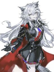  1girl absurdres animal_ears arknights black_gloves black_jacket cape chinese_commentary commentary_request cowboy_shot gloves gradient_necktie grey_eyes grey_hair grey_tail hair_between_eyes hair_ornament hairclip highres jacket lappland_(arknights) lappland_the_decadenza_(arknights) long_hair long_sleeves looking_at_viewer material_growth multicolored_necktie necktie official_alternate_costume oripathy_lesion_(arknights) pleated_skirt red_cape scar scar_across_eye scar_on_face simple_background single_shoulder_pad skirt smile solo standing tail two-tone_necktie white_background wolf_ears wolf_girl wolf_tail zhishi_mao_tiao 