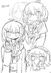 1girl ahoge beard bow bowtie closed_mouth commentary_request dated dot_nose double-parted_bangs facial_hair frog_hair_ornament greyscale hair_between_eyes hair_ornament hand_up hat headphones headphones_around_neck highres hood hood_down hoodie long_sleeves monochrome multiple_views original santa_costume santa_hat short_hair sketch uenae_chiyiro 