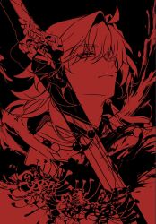  1boy ahoge beads blade_(honkai:_star_rail) collar commentary_request earrings expressionless flower hair_intakes hair_over_one_eye hanaki0504 highres honkai:_star_rail honkai_(series) jewelry long_hair male_focus monochrome mortenax_blade_(honkai:_star_rail) necklace red_theme spider_lily sword tassel upper_body weapon 