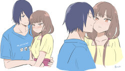  1boy 1girl artist_name blue_shirt blush breasts brown_eyes brown_hair closed_mouth english_text highres iino_miko ishigami_yuu kaguya-sama_wa_kokurasetai_~tensai-tachi_no_renai_zunousen~ long_hair medium_breasts nana_(7kah) pout red_skirt shirt shirt_tucked_in short_hair skirt smile 