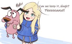  1girl blue_coat coat courage_(character) courage_the_cowardly_dog diana_(pragmata) dog ikhylfred long_sleeves padded_cloak padded_coat pragmata puffy_coat puffy_long_sleeves puffy_sleeves 