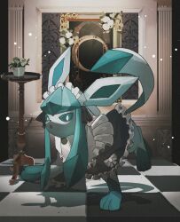  animal animal_focus blue_eyes blue_fur blue_sclera clothed_animal clothed_pokemon colored_sclera commentary_request flower glaceon highres maid maid_headdress mirror no_humans plant pokemon pokemon_(creature) pokemon_focus potted_plant reo_(mmocc123) tail 