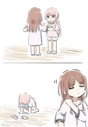  2girls bang_dream! bang_dream!_it's_mygo!!!!! brown_hair chihaya_anon closed_eyes closed_mouth commentary dress grey_eyes highres long_hair lyy multiple_girls nagasaki_soyo pajamas pink_hair pink_shirt pink_shorts shirt shorts torn_clothes untranslatable_commentary white_dress 
