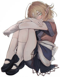  1girl absurdres arm_warmers bike_shorts black_shoes black_skirt blonde_hair brown_shirt commentary_request covering_own_mouth crossed_arms full_body green_eyes highres knees_up looking_at_viewer mary_janes mizuhashi_parsee pointy_ears sakuratsuki scarf shirt shoes short_hair short_sleeves simple_background sitting skirt solo touhou white_arm_warmers white_background white_scarf 