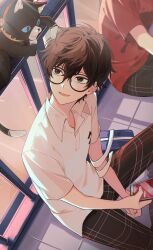  2boys absurdres amamiya_ren bag black_cat black_eyes black_hair blue_eyes cat cellphone collared_shirt glasses hair_between_eyes highres holding holding_phone male_focus mnce_o morgana_(cat)_(persona_5) morgana_(persona_5) multiple_boys multiple_views open_mouth pants persona persona_5 phone plaid_clothes plaid_pants red_shirt sakamoto_ryuji school_bag school_uniform shirt short_sleeves shuujin_academy_school_uniform sitting smartphone solo_focus t-shirt white_shirt 