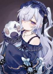 1girl absurdres bare_shoulders black_bow blue_hairband bow closed_mouth commentary_request dress empty_eyes expressionless frilled_dress frills gothic_lolita grey_background hair_over_one_eye hairband highres holding holding_pillow lolita_fashion lolita_hairband long_hair long_sleeves looking_at_viewer mahou_shoujo_no_majo_saiban natsume_an-an one_side_up pillow polka_dot polka_dot_bow sleeves_past_fingers sleeves_past_wrists solo stuffed_animal stuffed_sheep stuffed_toy togisuaka upper_body very_long_hair violet_eyes white_hair 