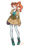  1girl breasts brown_jacket eyewear_on_head full_body green_eyes green_footwear green_nails hair_ornament haun heart heart_hair_ornament jacket long_hair long_sleeves looking_at_viewer nail_polish orange_hair pants pokemon pokemon_(game) pokemon_swsh side_ponytail smile solo sonia_(pokemon) sunglasses 