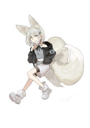  1girl absurdres animal_ear_fluff animal_ears bare_shoulders bike_shorts black_jacket black_ribbon black_shorts blue_shirt boots commentary_request extra_ears fox_ears fox_girl fox_tail full_body grey_hair grey_shirt grin hair_ornament hairclip hand_in_pocket highres hood hood_down hooded_jacket jacket long_sleeves looking_at_viewer mask mask_pull medium_hair mouth_mask multiple_tails neck_ribbon off_shoulder open_clothes open_jacket original ribbon shirt shoes shorts simple_background smile solo tail tyaui_(xjju4435) white_background white_shorts yellow_eyes 