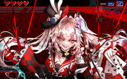  1girl black_choker black_hat bound bound_arms bound_feet bound_wrists breasts chinese_commentary choker clothing_cutout commentary_request diamond_(shape) diamond_facial_mark evil_grin evil_smile facial_mark grey_hair grin hair_intakes hat hat_ornament heart heart_facial_mark highres honkai:_star_rail honkai_(series) long_hair long_sleeves looking_at_viewer mark_under_both_eyes mini_hat open_mouth pink_hair rabbit_hat_ornament red_eyes red_ribbon red_sleeves ribbon shoulder_cutout small_breasts smile solo sparkle_(honkai:_star_rail) sparxie_(honkai:_star_rail) top_hat twintails twitter_username upper_body white_hair wide_sleeves yinnhe_(yonghu5998991090) 