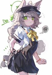 1girl ahoge animal_ears apron bike_shorts black_dress black_shorts blue_archive blush bow bowtie braid closed_mouth clothes_lift collared_shirt commentary_request cowboy_shot dress dress_lift flying_sweatdrops fox_ears green_eyes halo highres lifting_own_clothes long_hair looking_at_viewer notice_lines otogi_(blue_archive) shirt short_sleeves shorts simple_background single_braid solo spoken_squiggle squiggle sweat visor_cap white_background white_shirt wrdij5w0rg31830 yellow_bow 