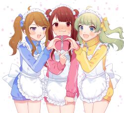  3girls absurdres ahoge apron blue_eyes blue_jacket blue_ribbon blush brown_hair closed_mouth commentary_request cropped_legs double_bun frilled_apron frills green_hair hair_bun hair_ribbon heart heart_background heart_hands heart_hands_trio highres idolmaster idolmaster_million_live! idolmaster_million_live!_theater_days jacket jacket_tug jersey_maid long_hair long_sleeves looking_at_viewer maid maid_headdress multiple_girls open_mouth pink_jacket pink_ribbon red_eyes red_hair ribbon shimabara_elena smile sweat swept_bangs tanaka_kotoha tokoro_megumi track_jacket twintails two_side_up unconventional_maid wakame_(wakwakwak_0k6) white_apron white_background yellow_jacket yellow_ribbon zipper zipper_pull_tab 