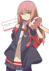  1girl absurdres bag blush breasts brown_hair green_eyes gridman_universe highres jacket long_hair long_sleeves looking_at_viewer minami_yume nuuji_nuge open_mouth pleated_skirt request_inset school_bag school_uniform shirt simple_background skirt smile solo ssss.dynazenon thigh-highs 