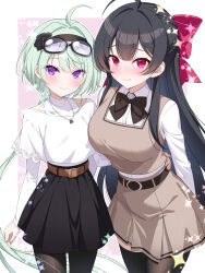  2girls absurdres ahoge arm_around_another's_waist arm_behind_back belt black-framed_eyewear black_bow black_bowtie black_flower black_hair black_hairband black_pantyhose black_skirt black_thighhighs blush border bow bowtie breast_size_difference breasts brown_belt brown_skirt brown_vest casual center-flap_bangs closed_mouth commentary_request commission cropped_legs eyewear_on_head flower flower_necklace glasses green_hair hair_bow hair_flower hair_ornament hairband highres jellyfish_cut jewelry large_breasts long_hair long_sleeves looking_at_viewer mole mole_under_eye multiple_girls nanoyo necklace original pantyhose pixiv_commission pleated_skirt purple_background red_bow red_eyes shirt short_sleeves skirt small_breasts smile sparkle thigh-highs turtleneck very_long_hair vest violet_eyes white_border white_shirt 