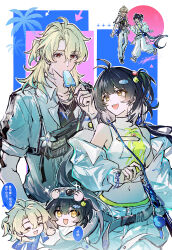  1boy 1girl akiko54124 black_hair blonde_hair commentary_request earrings elbow_pads female_rover_(wuthering_waves) hair_between_eyes highres jewelry long_hair low_ponytail luuk_herssen_(wuthering_waves) multicolored_hair navel ponytail rover_(wuthering_waves) shirt smile triangle_earrings white_shirt wuthering_waves yellow_eyes 