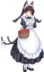  1girl alternate_costume animal_ear_fluff animal_ears apron basket black_dress black_shoes bow braid breasts cat_ears cat_tail closed_mouth collared_dress dress enmaided extra_ears full_body game_asset green_bow hair_bow highres holding holding_basket kaenbyou_rin long_sleeves looking_at_viewer maid maid_apron maid_headdress medium_breasts multiple_hair_bows multiple_tails nekomata official_art red_eyes rotte_(1109) shoes simple_background smile socks solo tail tail_bow tail_ornament third-party_source touhou touhou_lostword transparent_background twin_braids two_tails white_apron white_bow white_socks 