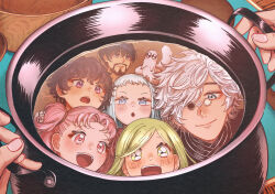  2boys 4girls age_difference agott_arklaum_(tongari_boushi_no_atelier) black_hair blonde_hair blue_eyes brushbuddy child coco_(tongari_boushi_no_atelier) commentary creature english_commentary facial_hair glasses green_eyes highres luce_(lucemiart) multiple_boys multiple_girls olruggio_(tongari_boushi_no_atelier) open_mouth pink_eyes pink_hair pov pov_hands qifrey_(tongari_boushi_no_atelier) reflection reflective_liquid richeh_(tongari_boushi_no_atelier) smile tetia_(tongari_boushi_no_atelier) tongari_boushi_no_atelier violet_eyes white_hair 