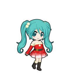  1girl aqua_eyes aqua_hair belt belt_buckle black_belt black_boots black_outline blush boots buckle chibi chibi_only christmas closed_mouth detached_sleeves dress full_body fur-trimmed_boots fur-trimmed_dress fur-trimmed_sleeves fur_trim game_asset gradient_clothes gradient_dress hair_ornament hatsune_miku hatsune_miku_graphy_collection long_hair looking_at_viewer outline pom_pom_(clothes) pom_pom_hair_ornament santa_costume santa_dress smile snowflake_print solo standing strapless strapless_dress transparent_background twintails vocaloid 
