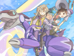 1boy 2boys :d absurdres arven_(pokemon) black_pantyhose black_socks brown_eyes brown_hair closed_eyes collared_shirt commentary_request day florian_(pokemon) freckles glasses green_hair grin hat highres holding hood hoodie juliana_(pokemon) long_hair miraidon multicolored_hair multiple_boys multiple_girls necktie nemona_(pokemon) open_clothes open_mouth open_vest outdoors pants pantyhose penny_(pokemon) pokemon pokemon_(creature) pokemon_scarlet_and_violet purple_necktie purple_shorts riding riding_pokemon round_eyewear school_uniform shirt shoes short_hair short_sleeves shorts sky smile socks two-tone_hair tyaui_(xjju4435) unworn_hat unworn_headwear uva_academy_school_uniform vest yellow_vest 