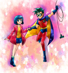  1boy 1girl :d annie_(batman) arm_at_side batman_(series) belt black_boots black_cape black_gloves black_hair black_shorts black_skirt blank_eyes blunt_ends blush bob_cut bodysuit boots breasts cape cardigan checkered_background choker clenched_hand closed_mouth coiled_cord collarbone colored_shadow commentary dc_comics domino_mask drop_shadow eye_mask full_body gloves gradient_background grappling_hook green_choker green_hair green_socks halftone halftone_background holding_hands leg_up light_smile long_sleeves mask miniskirt open_cardigan open_clothes open_mouth pencil_skirt pink_background red_bodysuit red_cardigan robin_(dc) shadow shirt short_hair short_shorts short_sleeves shorts side-by-side skirt small_breasts smile socks spiky_hair star_(symbol) star_symbol_background swept_bangs the_new_batman_adventures tim_drake two-sided_fabric wire yaminaka yellow_belt yellow_cape yellow_shirt 