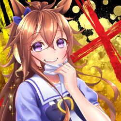 animal_ears blush bow bowtie brown_hair commentary_request ear_bow hair_between_eyes horse_ears horse_girl long_hair mask mask_pull mouth_mask open_mouth orfevre_(old_design)_(umamusume) puffy_short_sleeves puffy_sleeves purple_bow purple_bowtie purple_shirt sailor_collar sailor_shirt school_uniform sharp_teeth shirt short_sleeves smile sugimotty_nova teeth tracen_school_uniform umamusume violet_eyes white_sailor_collar 
