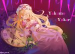  1girl absurdres blonde_hair blush character_name clock closed_eyes closed_mouth dress flower gloves hair_between_eyes hat hat_ribbon highres long_hair long_sleeves mob_cap pfallen purple_dress red_ribbon ribbon sleeping solo touhou twitter_username white_flower white_gloves white_headwear yakumo_yukari 