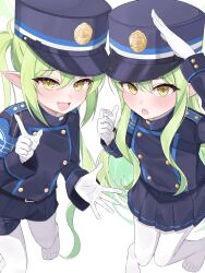  2girls 81q7bvjempsb6yb absurdres armband black_tail blue_archive blue_armband buttons commentary_request demon_tail double-breasted fang gloves green_hair green_halo halo hat highres hikari_(blue_archive) long_hair looking_at_viewer multiple_girls nozomi_(blue_archive) open_mouth pantyhose peaked_cap pointy_ears siblings simple_background sisters skin_fang tail train_conductor twins twintails very_long_hair white_background white_gloves white_pantyhose yellow_eyes 